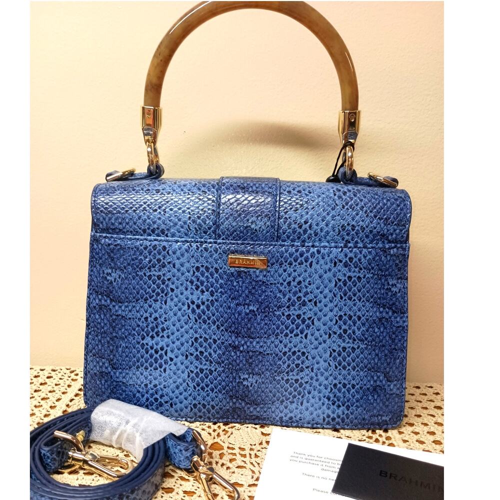 NWT Brahmin Small Hallie Navy Bonaire Leather Satchel Bag - Picture 2 of 10